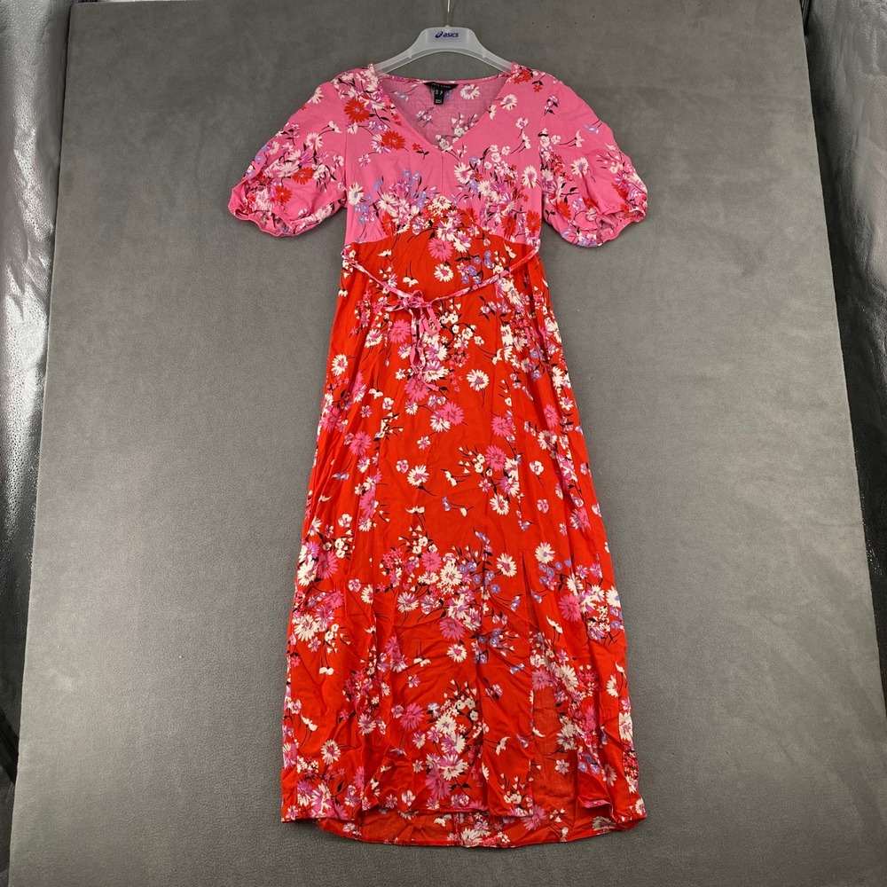 New Look Floral Maxi Dress Pink Red Colorblock Puff Sleeve V-Neck Size 6 US 5879